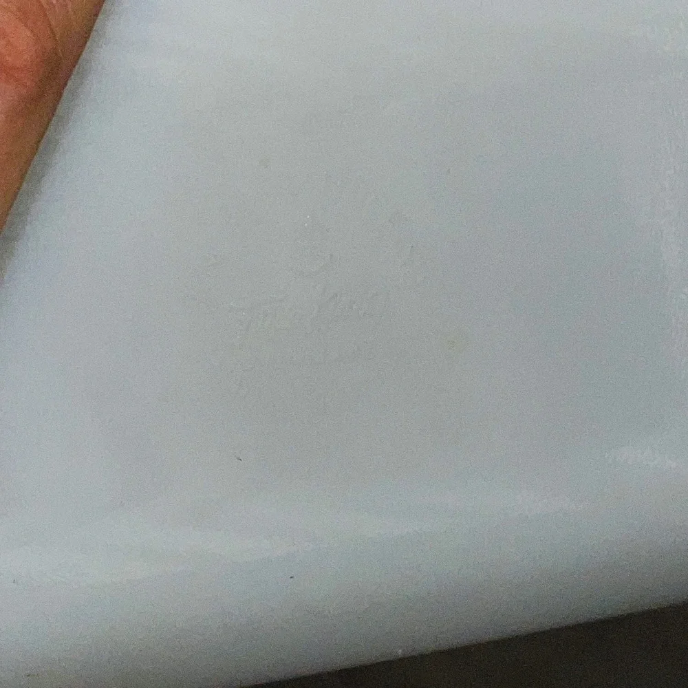 Fire-King Atomic Starburst Milk Glass Loaf Pan White Blue Gold Vintage MCM